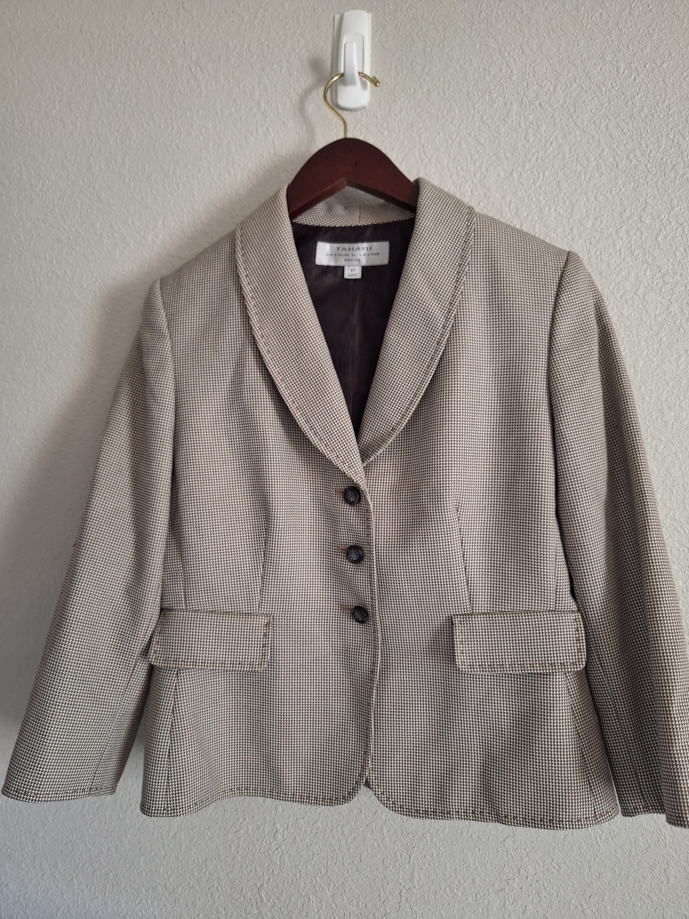 Tahari Petite Beige Check Tailored Blazer Jacket